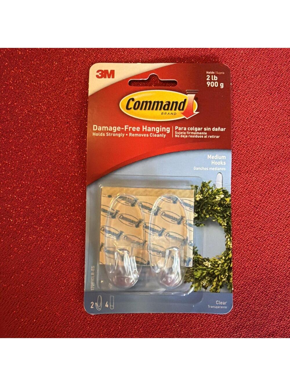 3M Command Clear Medium Hooks, Clear, Holds 2 lb, 2 Hooks, 4str